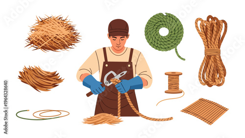 Artisan Crafting Rope: A skilled artisan meticulously crafts rope, surrounded by different stages of the process, from raw materials to finished product.