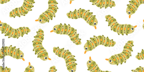 Caterpillar horizontal seamless pattern, green larvae with orange spots. Cute repeating character in naive cartoon style on white background for kids fabric trim or ribbon. Stylish hand-drawn vector.