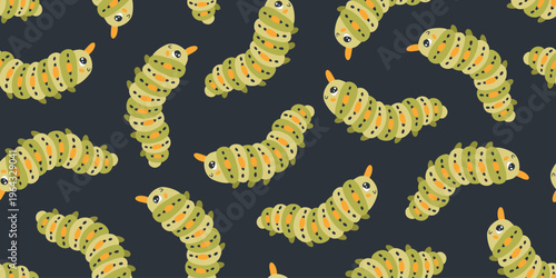 Caterpillar horizontal seamless pattern on dark background. Cute green larvae with orange spots. Repeating character naive cartoon style for kids textile or digital paper. Stylish hand-drawn vector.