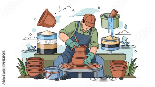 Artisan at Work: An artisan meticulously shapes clay on a potter's wheel, surrounded by tools and materials, embodying the skilled craftsmanship and the art of pottery creation.
