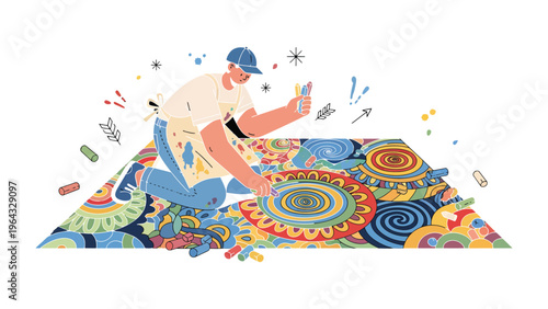 Creative Crafting of Art: An artist, immersed in his craft, meticulously creates a vibrant piece of art, showcasing his passion, skill, and creative essence.