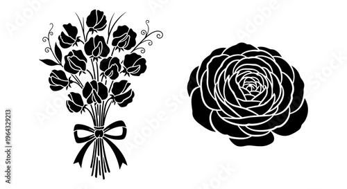 Black floral silhouettes of sweet pea bouquet and rose head, elegant botanical vector set, minimalist flower line art for wedding stationery