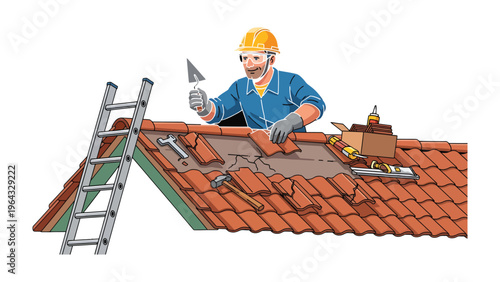Roof Repair Scene: A focused construction worker meticulously repairs a damaged roof, replacing broken tiles with precision and skill.