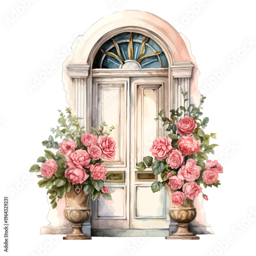 Watercolor Vintage Romantic Floral Door with Pink Rose Urns Clipart
