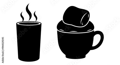 Minimalist coffee cup and hot chocolate mug vector icons, black silhouette beverage set with marshmallow and steam, cozy winter drink graphics