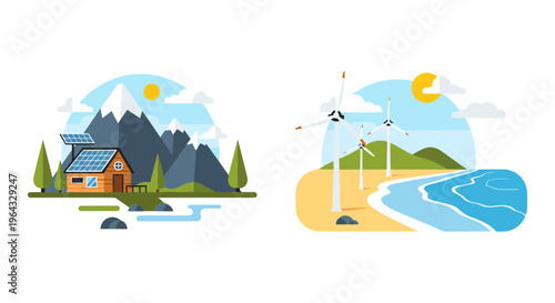Renewable energy flat vector illustrations, solar panels on mountain cabin and wind turbines on coastal beach, sustainable green power concepts