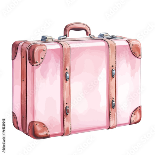 Watercolor Pink Vintage Suitcase with Leather Straps Travel Clipart