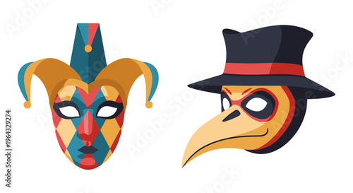 Venetian carnival masks set, colorful harlequin jester mask and plague doctor mask with top hat, traditional masquerade festival vector icons