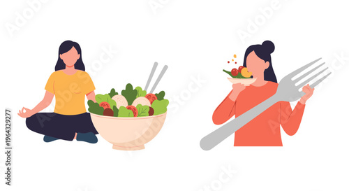 Healthy eating habits vector set, woman practicing mindful eating with salad bowl, female character enjoying nutritious meal with giant fork