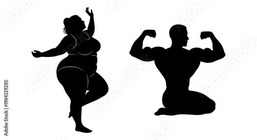 Body positivity silhouettes of plus size woman and muscular bodybuilder man, diverse body types vector, fitness and health concept