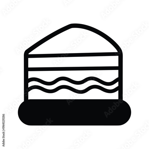 Stylized black icon of a layered cake slice on white background