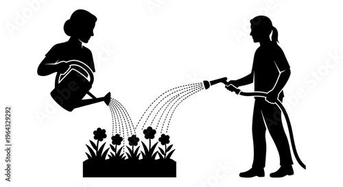 Gardening silhouette vector, women watering flowers with watering can and garden hose, backyard landscaping and plant care activity