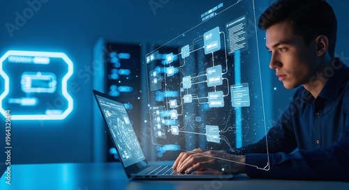 Data Engineer Building AI Data Pipeline with Flow Diagrams and Nodes