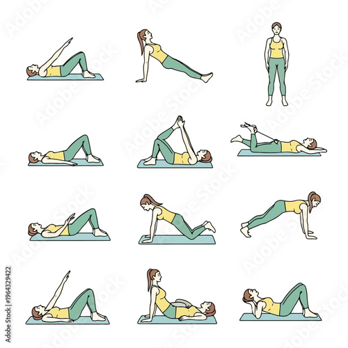 Set of illustrations depicting people performing various physical therapy exercises and stretches for rehabilitation and fitness activities, clear outline drawings on white background.