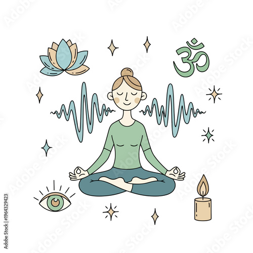 Woman meditating in lotus pose with calming symbols breathing exercise and sound waves promoting inner peace.