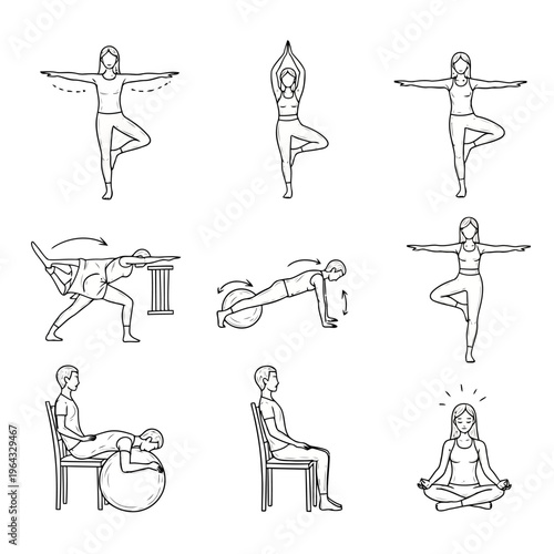 Set of line art illustrations showing people practicing yoga poses balance exercises and meditation for wellness fitness and mindful relaxation on white background.