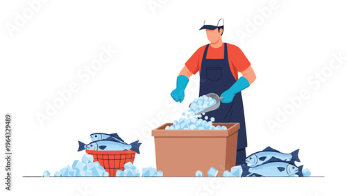 Fishmonger's Precision: A fishmonger meticulously handles freshly caught fish, ensuring optimal preservation with a careful application of ice.