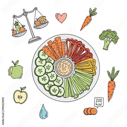 Healthy eating vector composition with vegetable platter and dip, balance scale with fruits and cheese, apple, carrot, broccoli, water drop, and calorie count.
