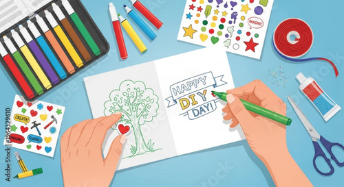 Hands coloring diy craft book with markers and stickers on blue background