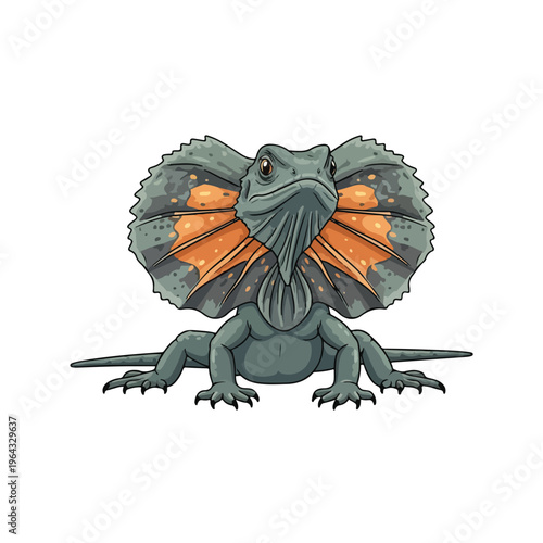 Green lizard with orange throat fan display on white background