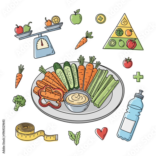 Healthy eating and balanced diet concept with fresh fruits and vegetables on a plate, measuring tape, scale and water bottle.