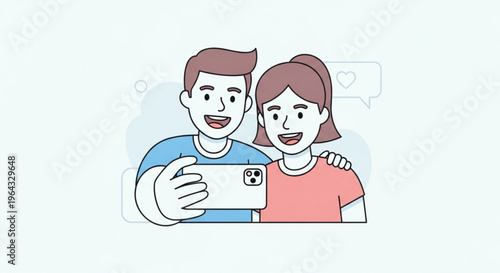 Smiling couple taking selfie with smartphone happy friends sharing moment social media love and friendship concept illustration