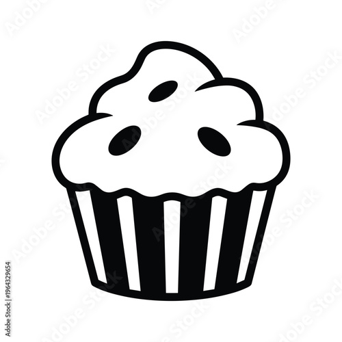 Simple black and white icon of a cupcake with frosting and sprinkles