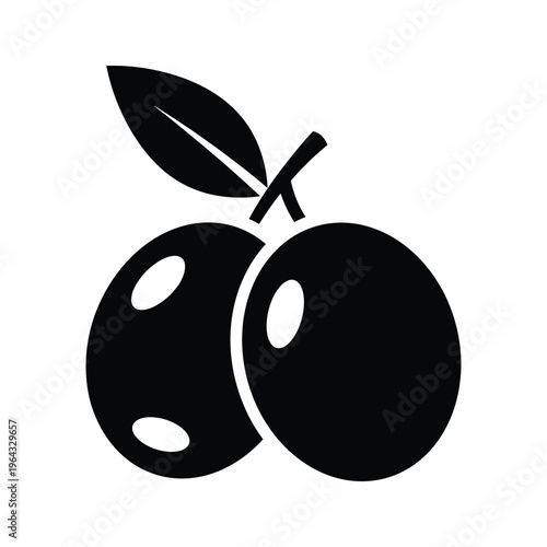 Black and white icon of two olives on a branch with a leaf