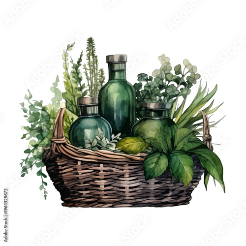Watercolor Green Glass Apothecary Bottles in Rustic Woven Basket with Botanical Greenery Clipart
