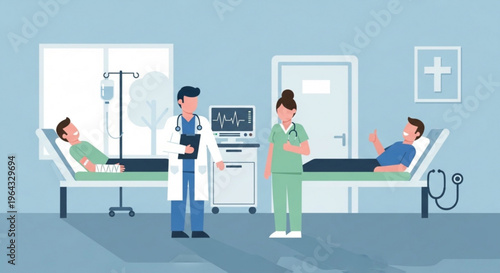 Medical professionals attending to patients in a hospital room with modern equipment and calm atmosphere
