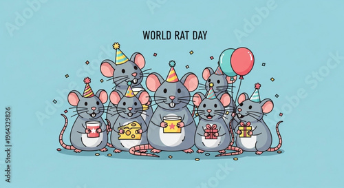 Group of mice celebrate world rat day with gifts and party hats on blue background