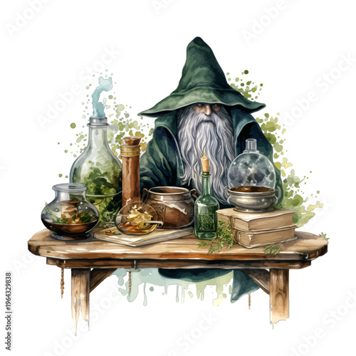 Watercolor Fantasy Wizard Alchemist with Magic Potions and Spell Books Clipart
