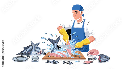 Masterful Fishmonger: An illustration captures a skilled fishmonger expertly filleting fresh fish, showcasing culinary artistry and the preparation of seafood delicacies.