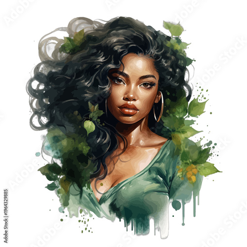 Watercolor Black Woman Portrait with Lush Green Leaves and Curly Hair Clipart