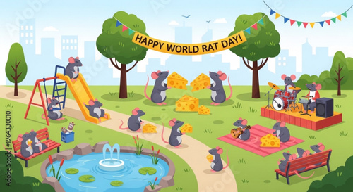 Happy world rat day celebration in a vibrant cartoon park with playful rodents enjoying leisure activities