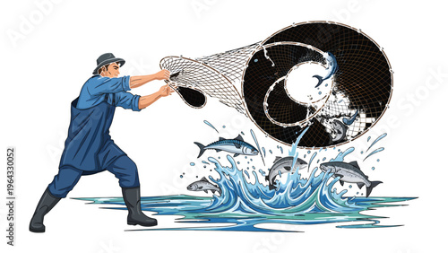 Fishing for Sustainability: A fisherman casts a net, symbolising the delicate balance between human interaction and the planet's oceans, promoting mindful practices in ocean's stewardship.