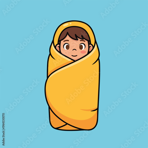 Cute cartoon baby wrapped in yellow blanket on blue background