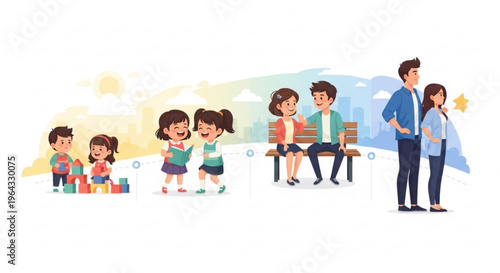 Children playing with blocks and adults relaxing on a bench in a park with a sunny background