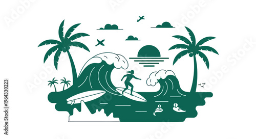 Surfer riding a big wave with palm trees and ocean scenery.
