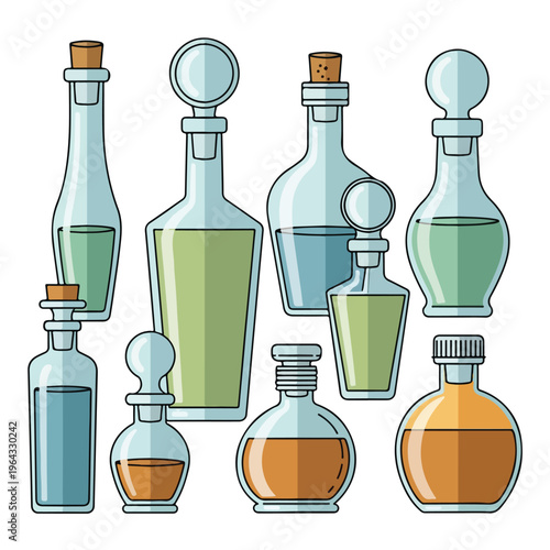 Colorful glass bottles with various liquids on white background