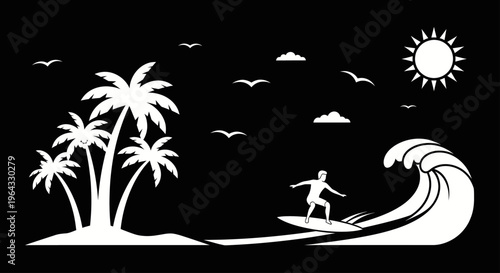 Surfer Riding Ocean Wave with Palm Trees and Sun.