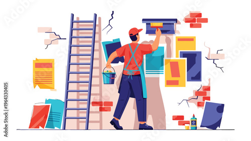 Handy Work: An illustrator man wearing an apron and hat, working as a painter, meticulously applying color to a brick wall. This illustration captures the dedication and precision of his work. 