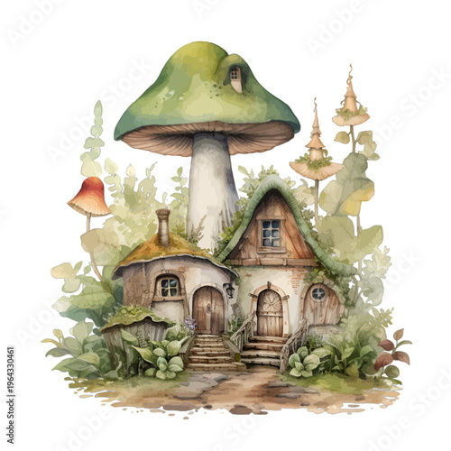 Watercolor Enchanted Mushroom House Village in Magical Fairy Forest Clipart