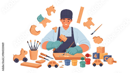 Crafting Dreams: A skilled artisan meticulously sculpts wood into whimsical toys, surrounded by a collection of tools and colorful materials in a creative workshop.