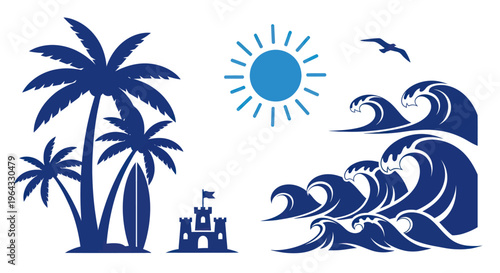 Tropical Beach Scene with Palm Trees and Ocean Waves.