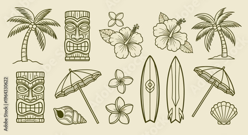 Tropical Hawaiian elements set with tiki masks and surfboards.