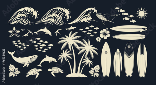Tropical Ocean Life and Surfing Elements Collection.