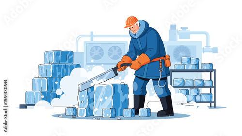 Ice Block Work: A worker diligently cuts blocks of ice with specialized tools within a chilled industrial setting, capturing the essence of focused labor.