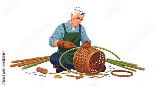 Crafting a Woven Legacy: A skilled artisan, engrossed in the ancient craft of weaving, meticulously shapes natural materials into a functional and aesthetic piece.