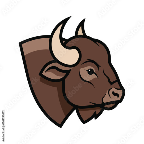 Brown bull head with horns on white background